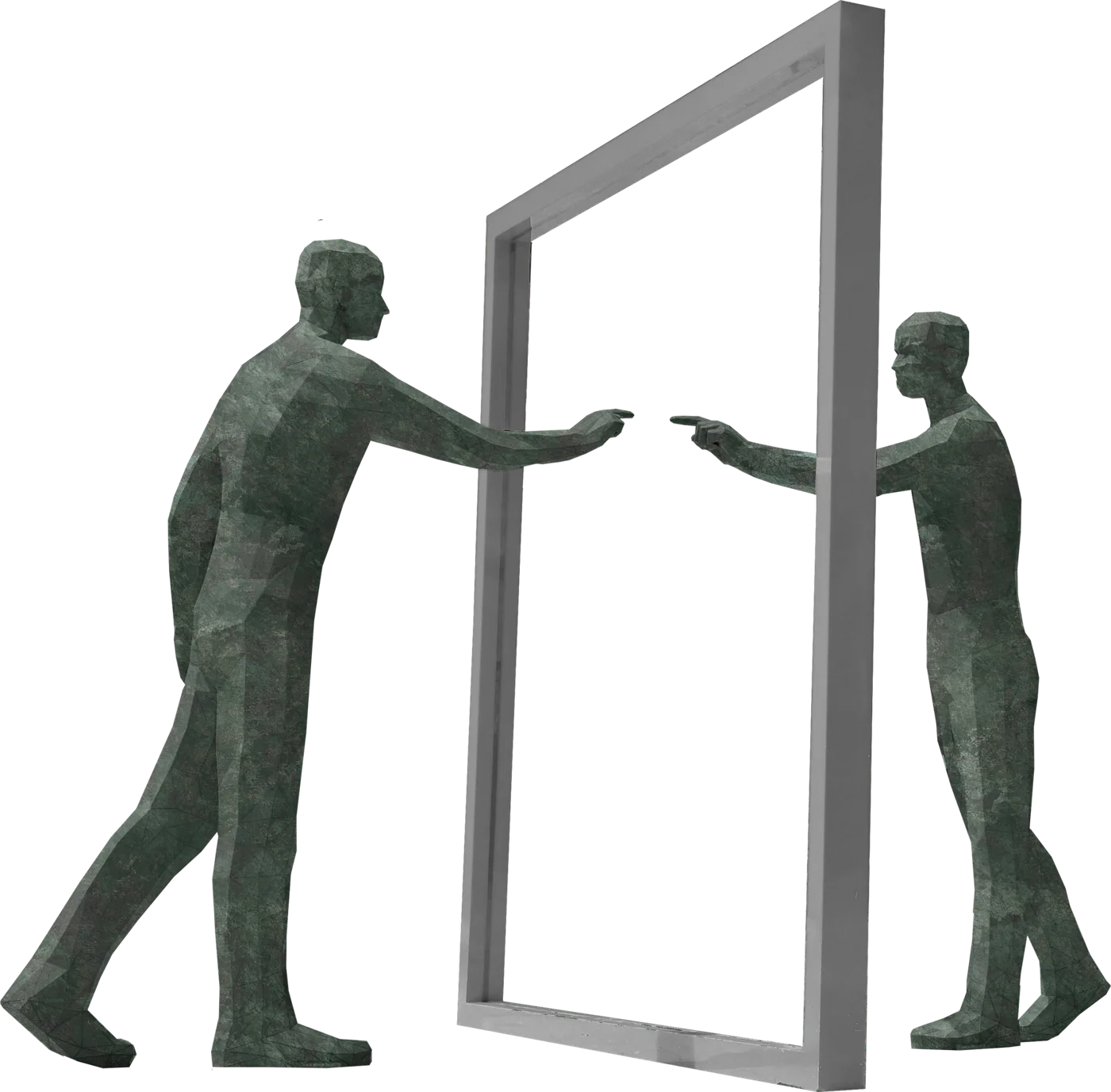 A figure reaching toward its reflection through a frame